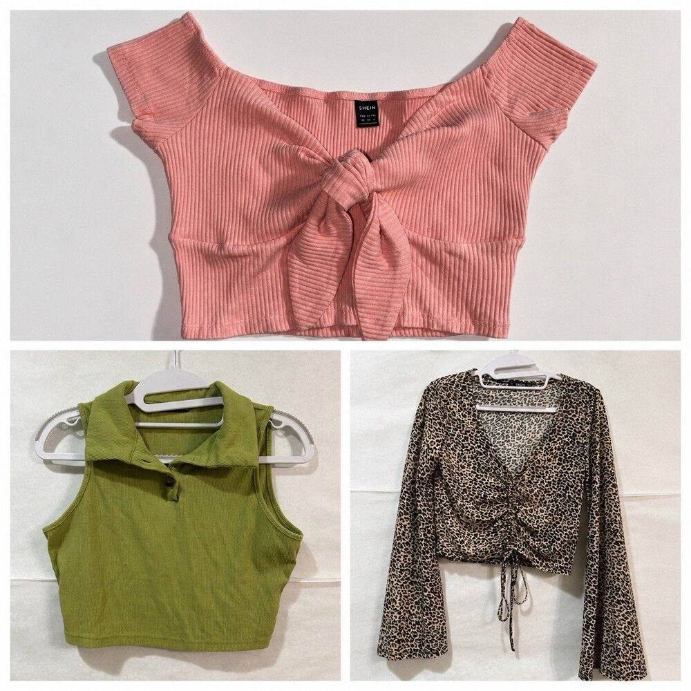 3pc Women’s Crop Top Bundle Pink Bow Olive Green Leopard Print Flare Y2K Trendy